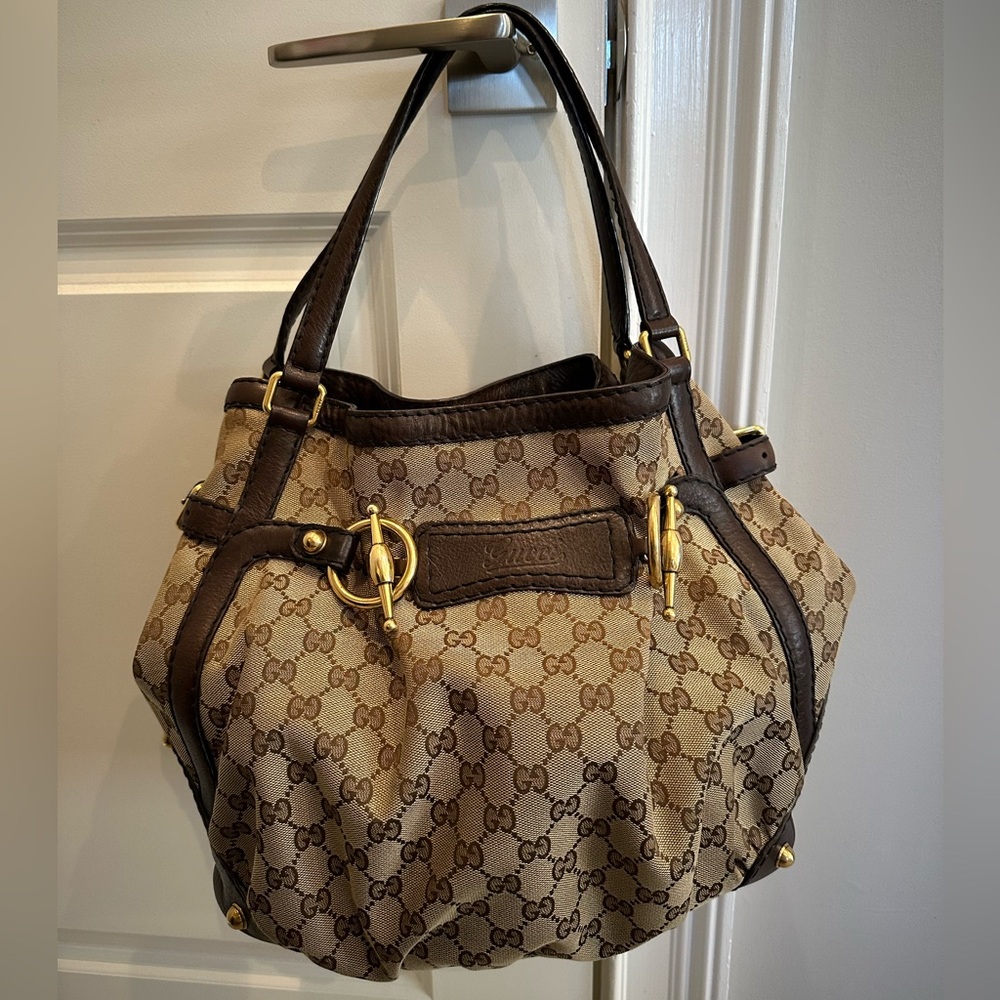 Gucci canvas Jockey tote size large, brown leather accents, gold hardware